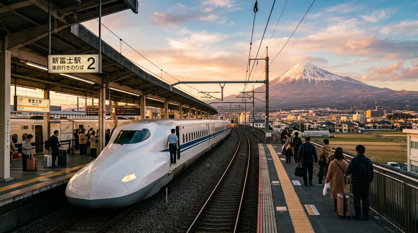 A sleek Shinkansen bullet train arriving at the station