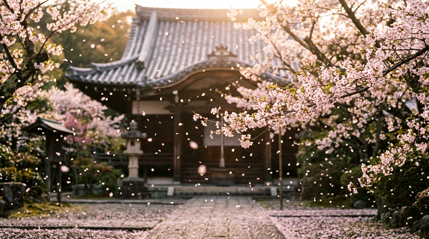 夕日の中、日本のお寺で雪のように散るソメイヨシノの花びら