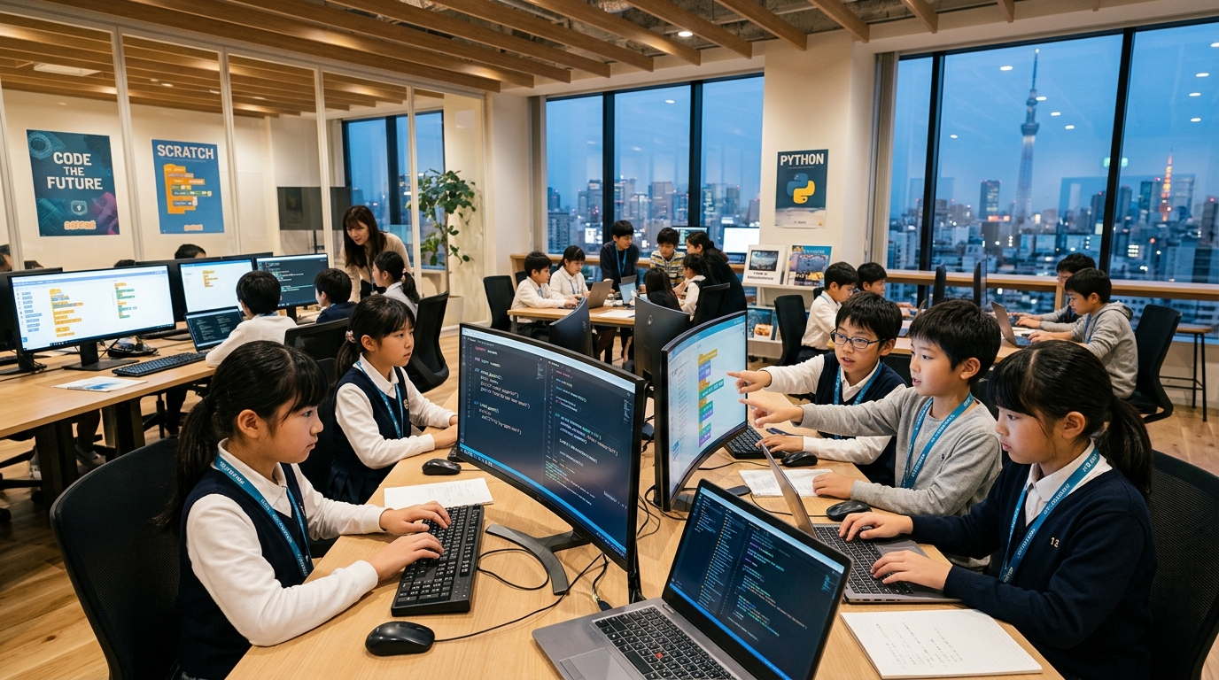 日本の子供たちが東京のテックアカデミーでプログラミングを学ぶ