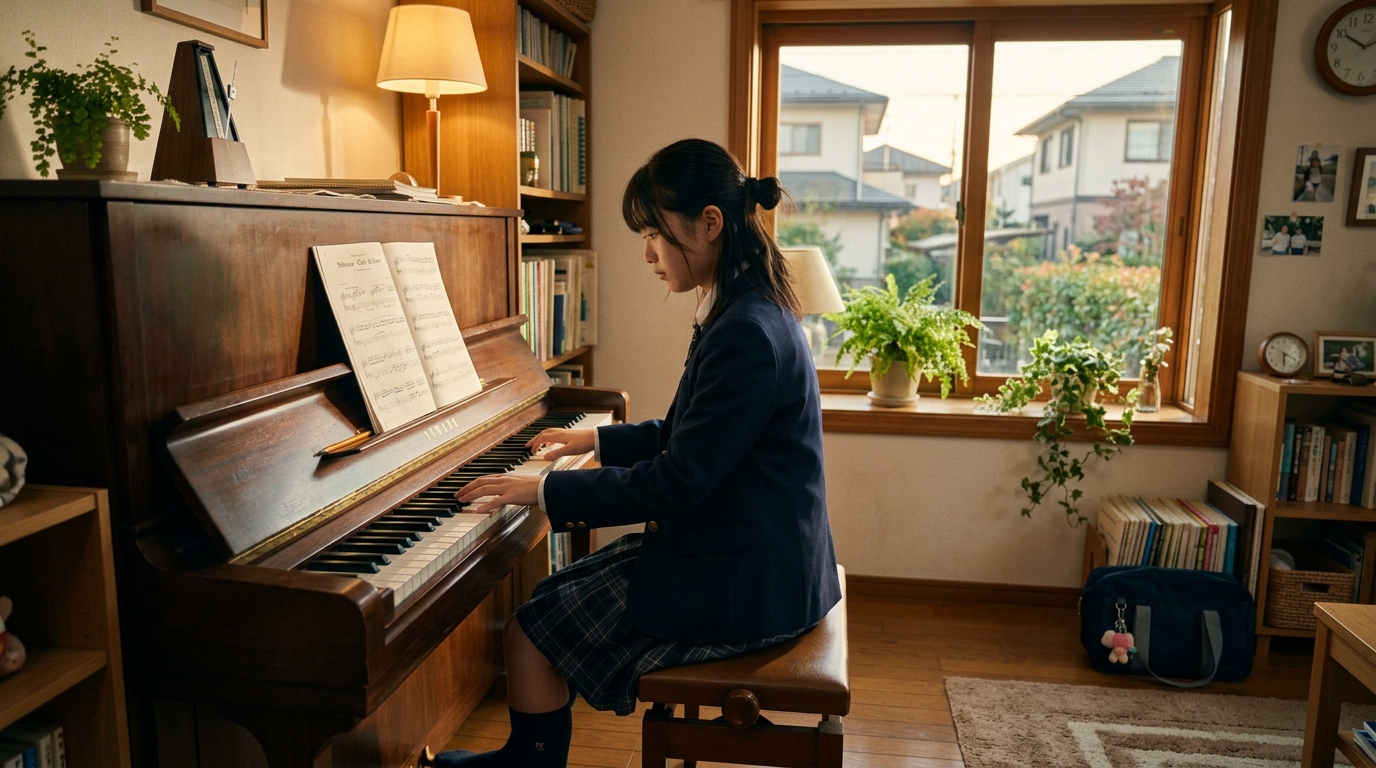 日本の若い学生が一人でピアノを練習する