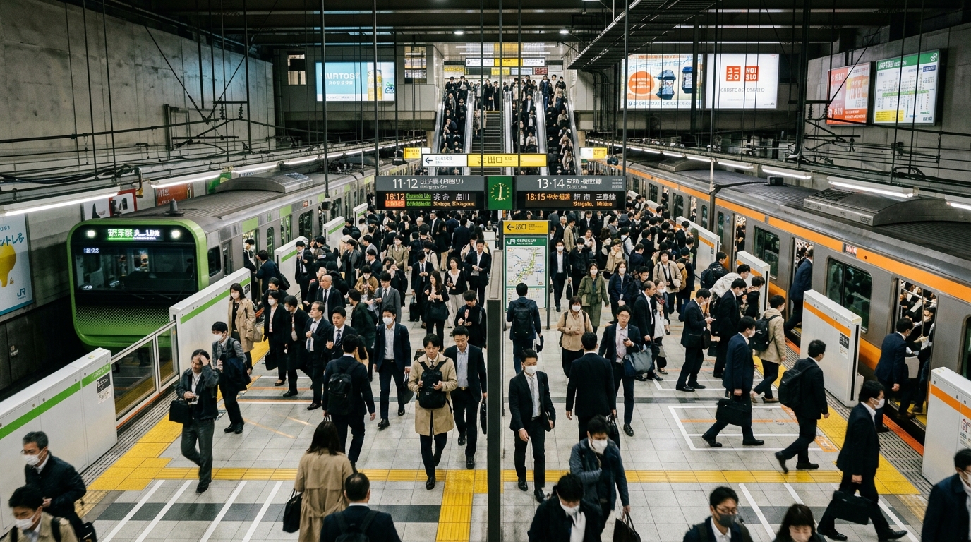 ラッシュアワーの東京の地下鉄駅で効率的に動く乗客