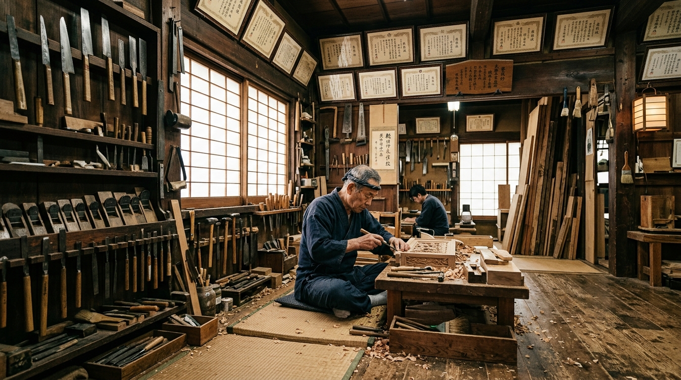 世代を重ねた習熟認定書が壁にかかる伝統的な日本の職人工房