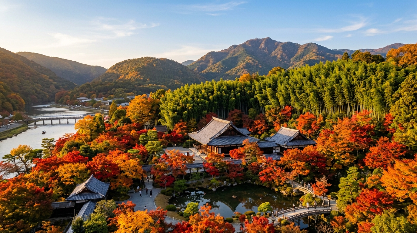 京都・嵐山の秋、紅葉と竹林の中に佇む天龍寺