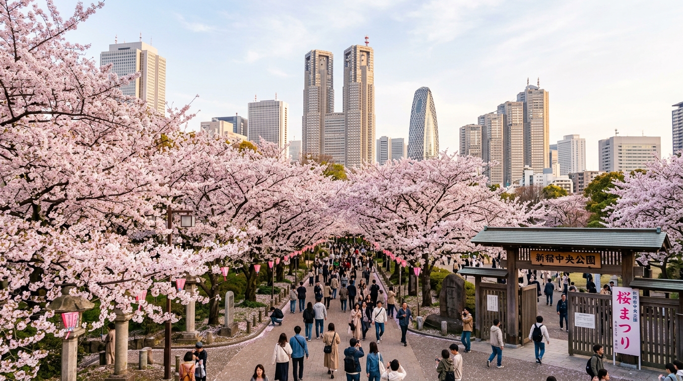 新宿中央公園の桜並木——東京スカイラインを背景に