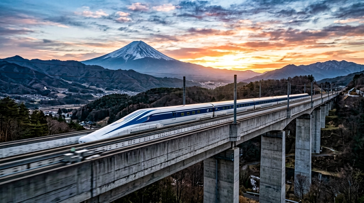 山梨実験線でのリニアL0系と背景の富士山