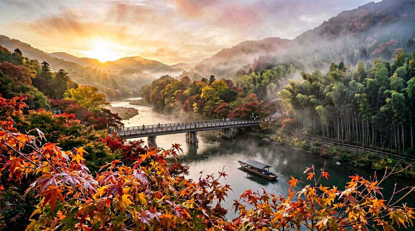 秋の嵐山——紅葉と朝霧の中で迎える寒露の朝