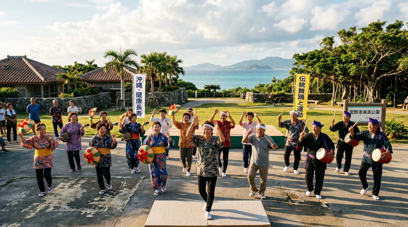 Okinawan elderly people doing traditional dance and exercise