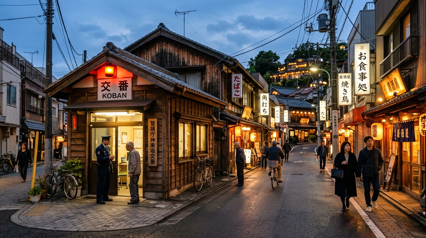 夕暮れの伝統的な日本の交番