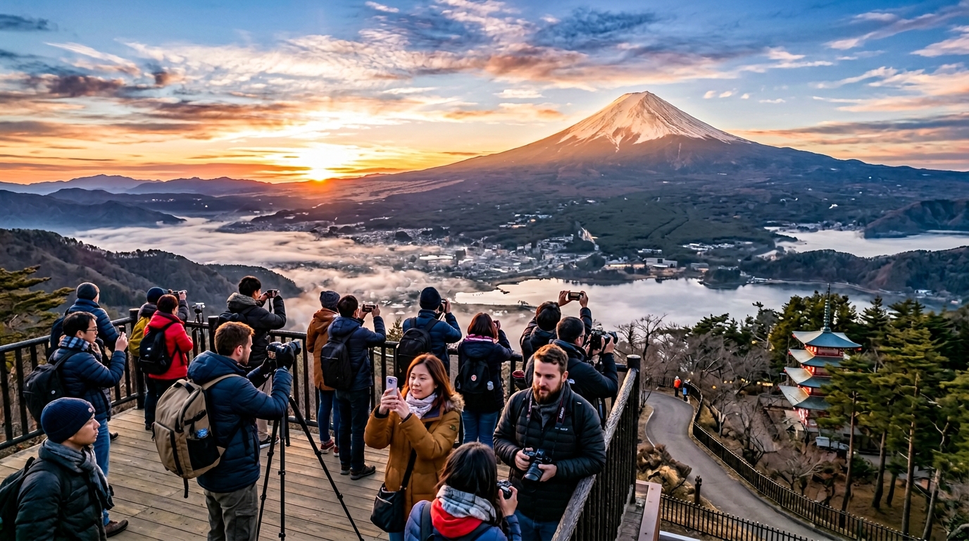 Foreign tourists photographing Mt Fuji at sunrise