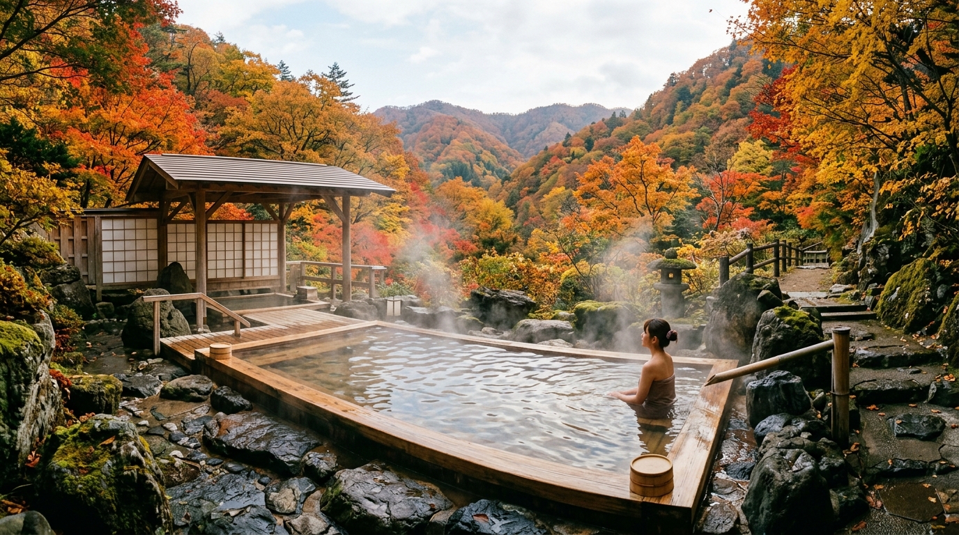 日本の伝統的な温泉旅館と露天風呂