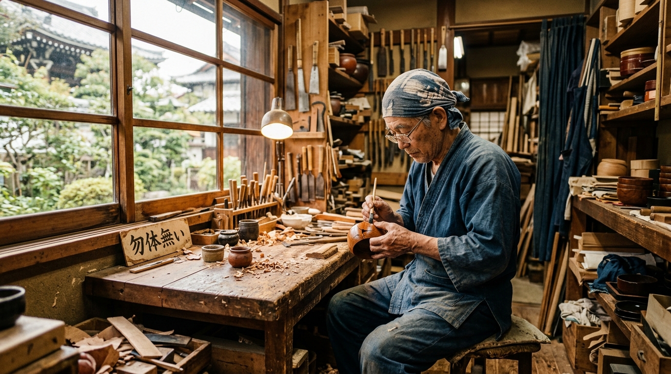 木製アイテムを丁寧に修理する高齢日本職人