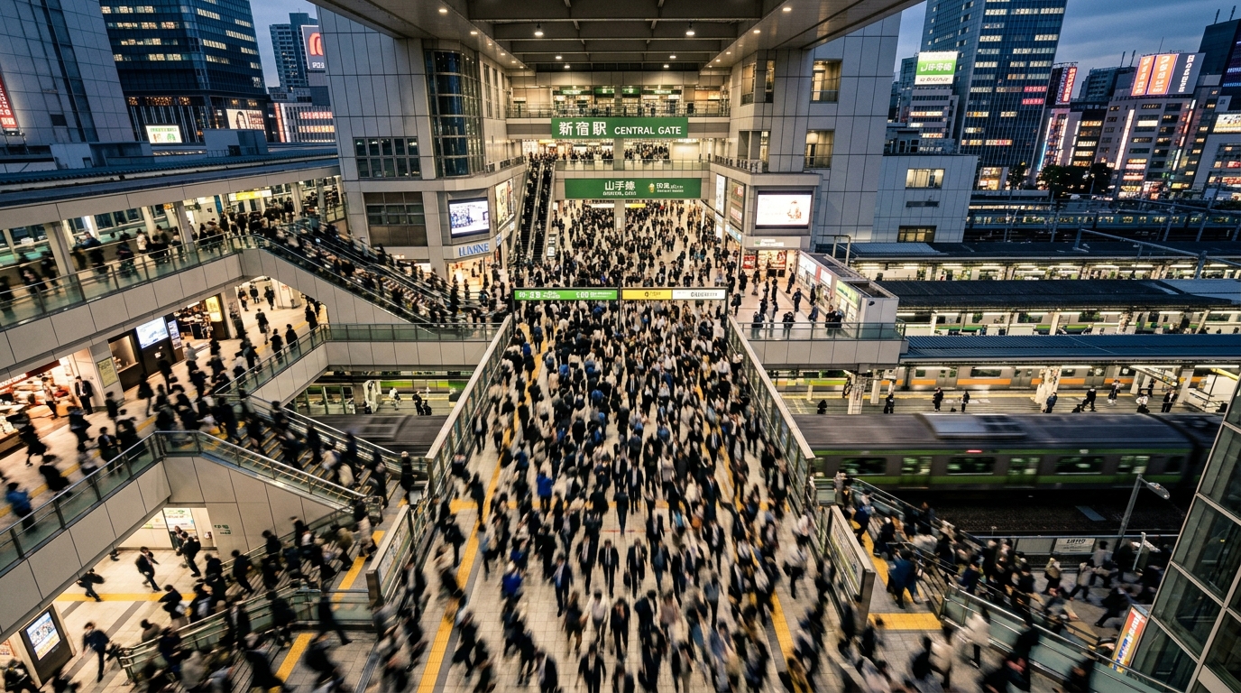 ラッシュアワーの新宿駅を見下ろすアングル