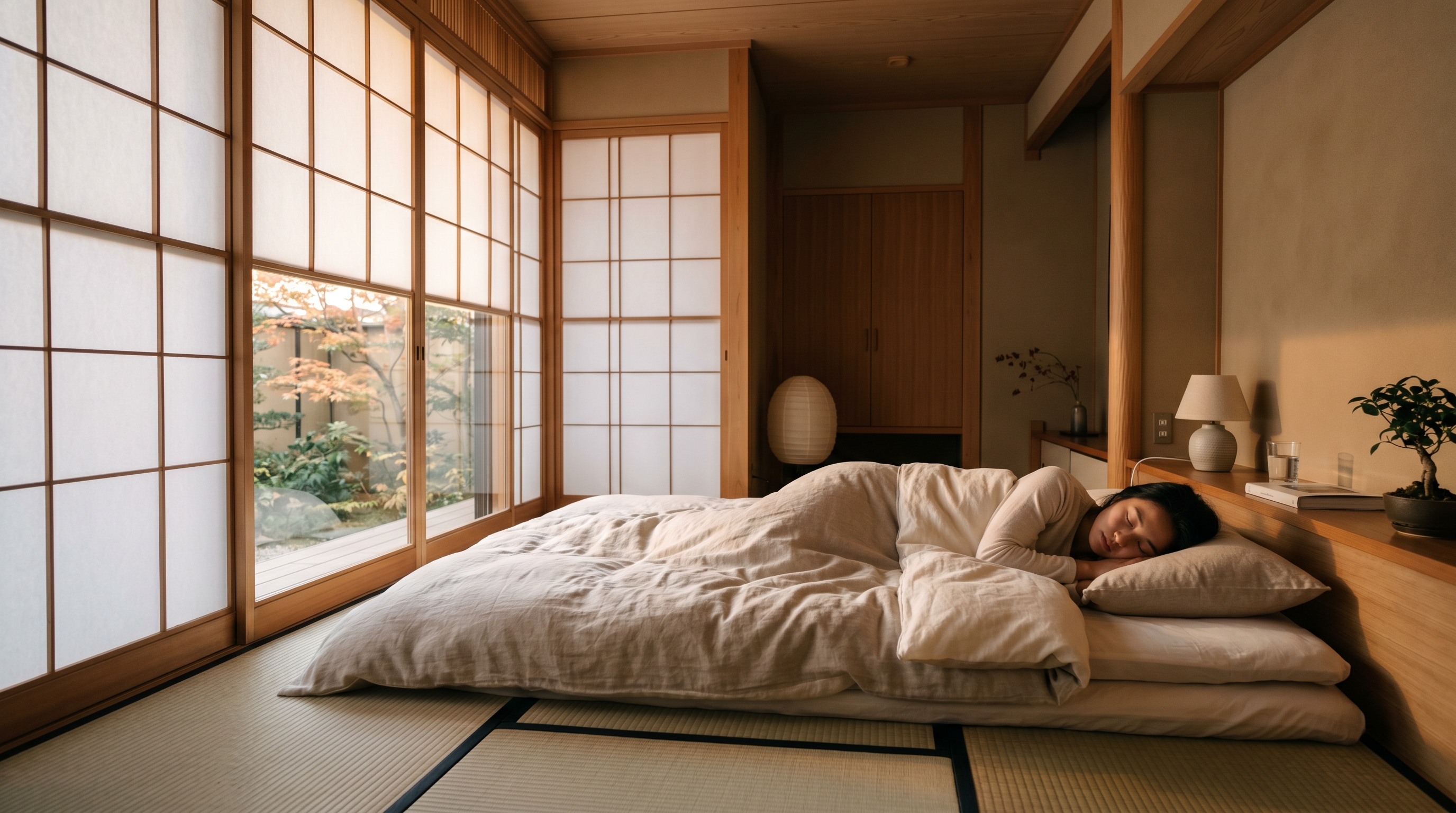朝の光が差し込む静かな日本の寝室