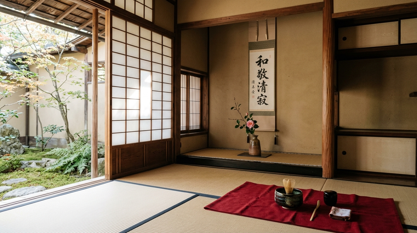 京都の茶室、障子越しの柔らかい光の中で行われる茶の湯