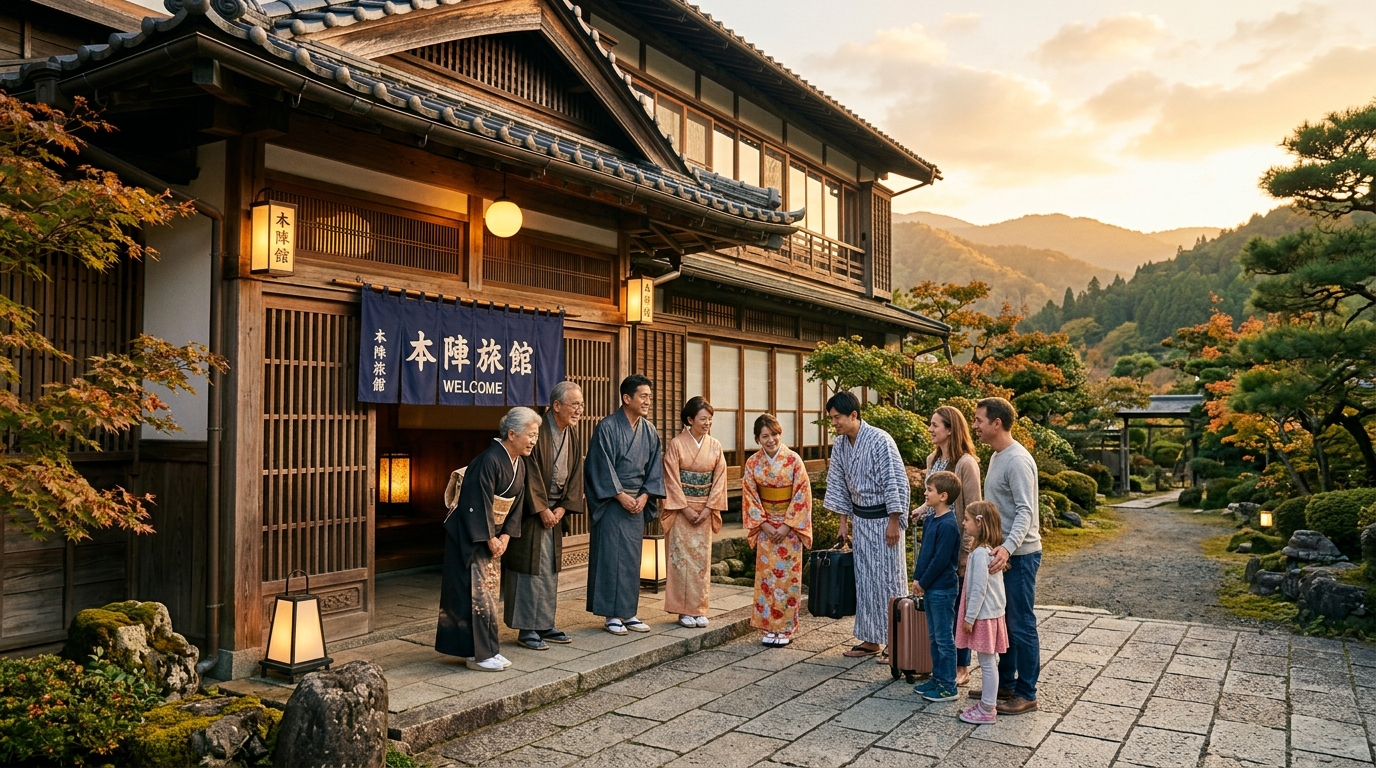 100年続く日本の旅館で世代を超えた家族がゲストを迎える