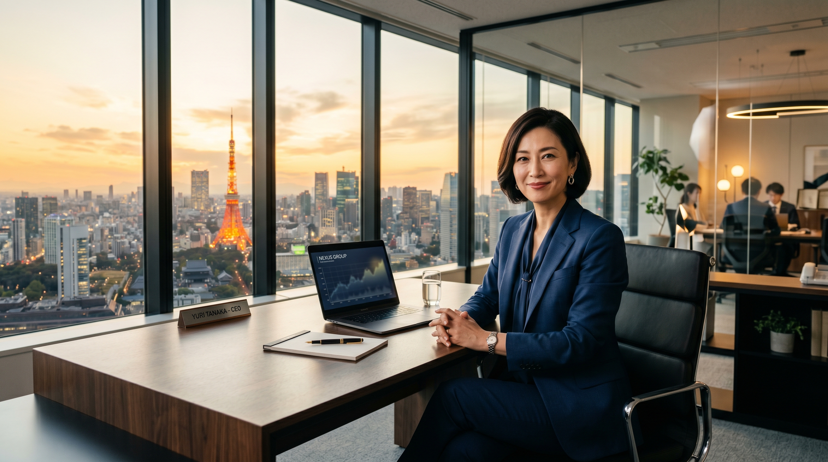 力強い日本人女性CEO がデスクで指導力を発揮