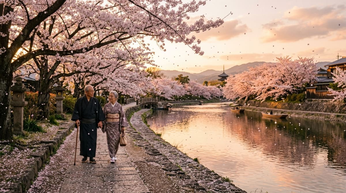 桜の花が舞い散る川沿いの風景