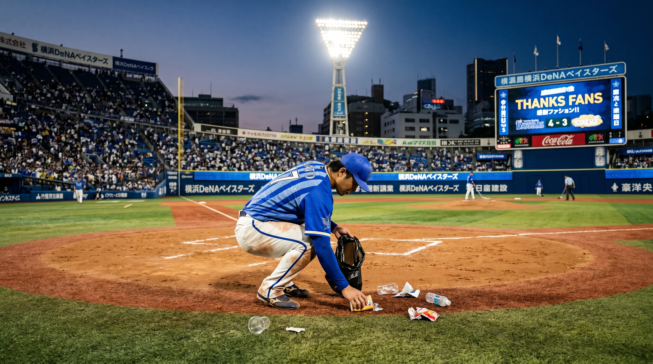 Humble Japanese player picking up trash on baseball field