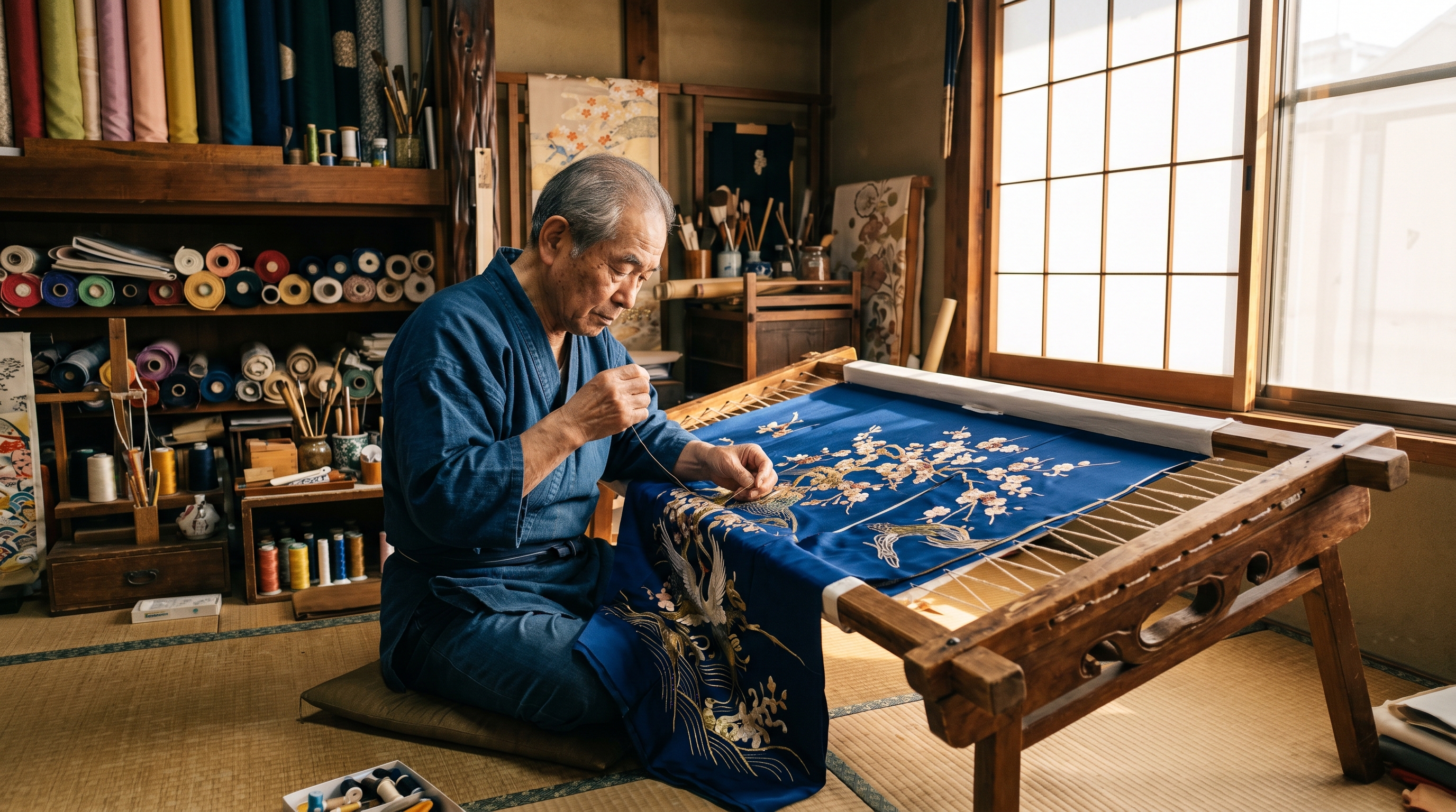 伝統的な日本の着物職人が細部に集中して制作する
