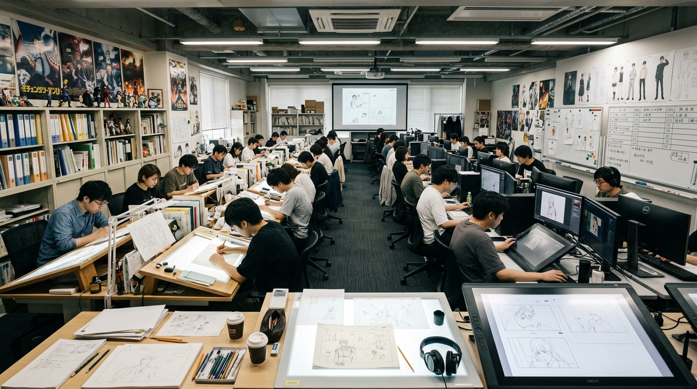 Modern Japanese anime studio with animators at work