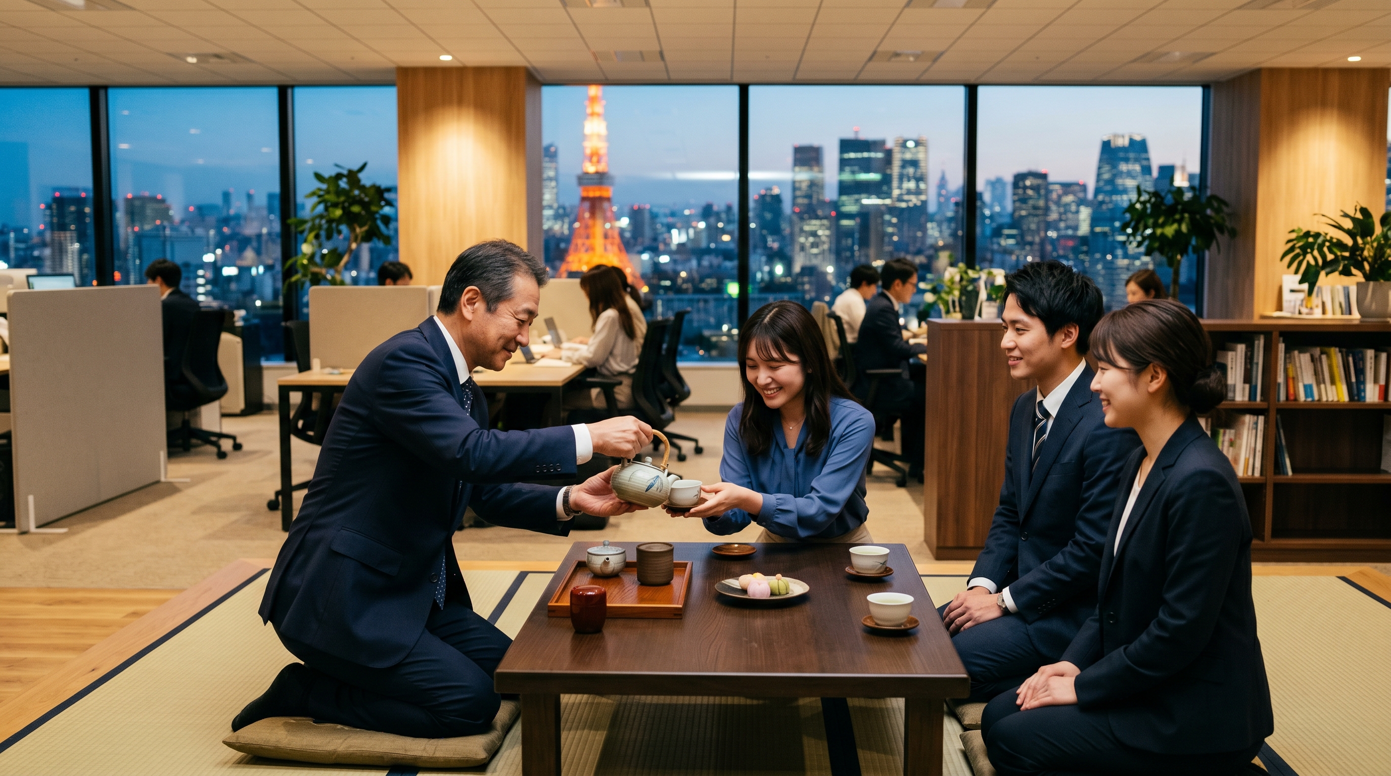 Humble Japanese executive serving tea to junior staff in servant leadership