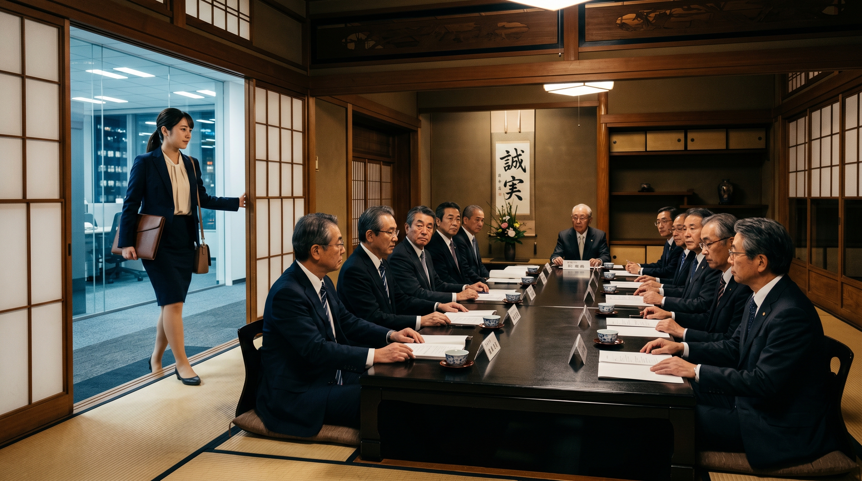 日本の伝統的な企業役員会で1人の女性が入っていく