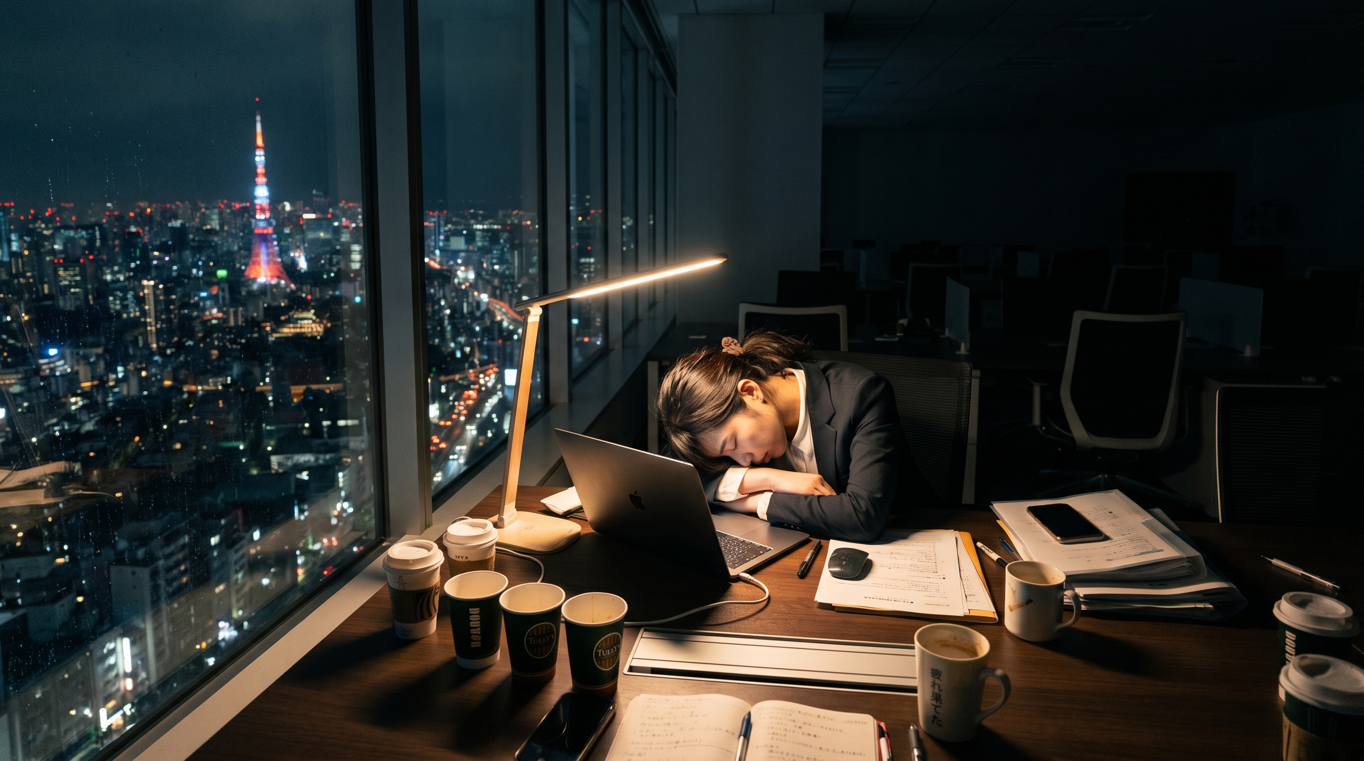深夜のオフィスで仕事を続ける日本人女性