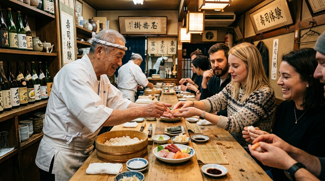 Japanese craftsman teaching sushi making to foreign tourists