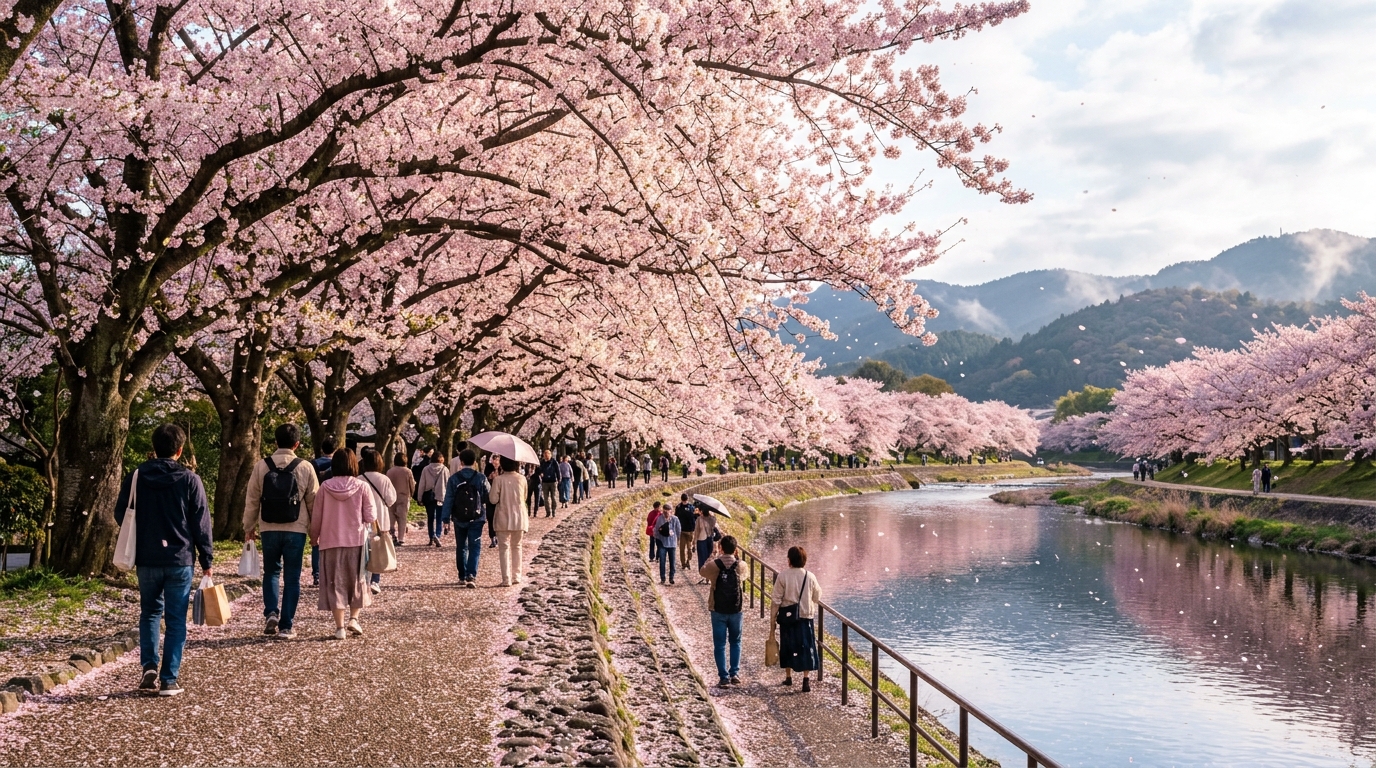 満開の桜並木と花見を楽しむ人々