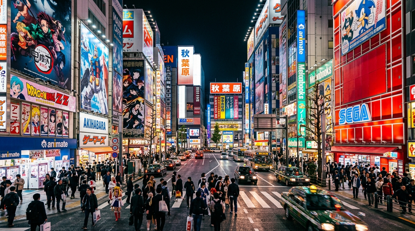 Akihabara at night with massive anime billboards and neon lights