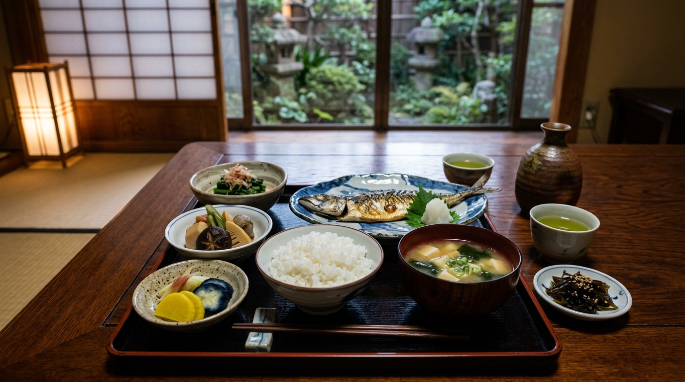 健康的な日本の和食料理が美しく盛り付けられる