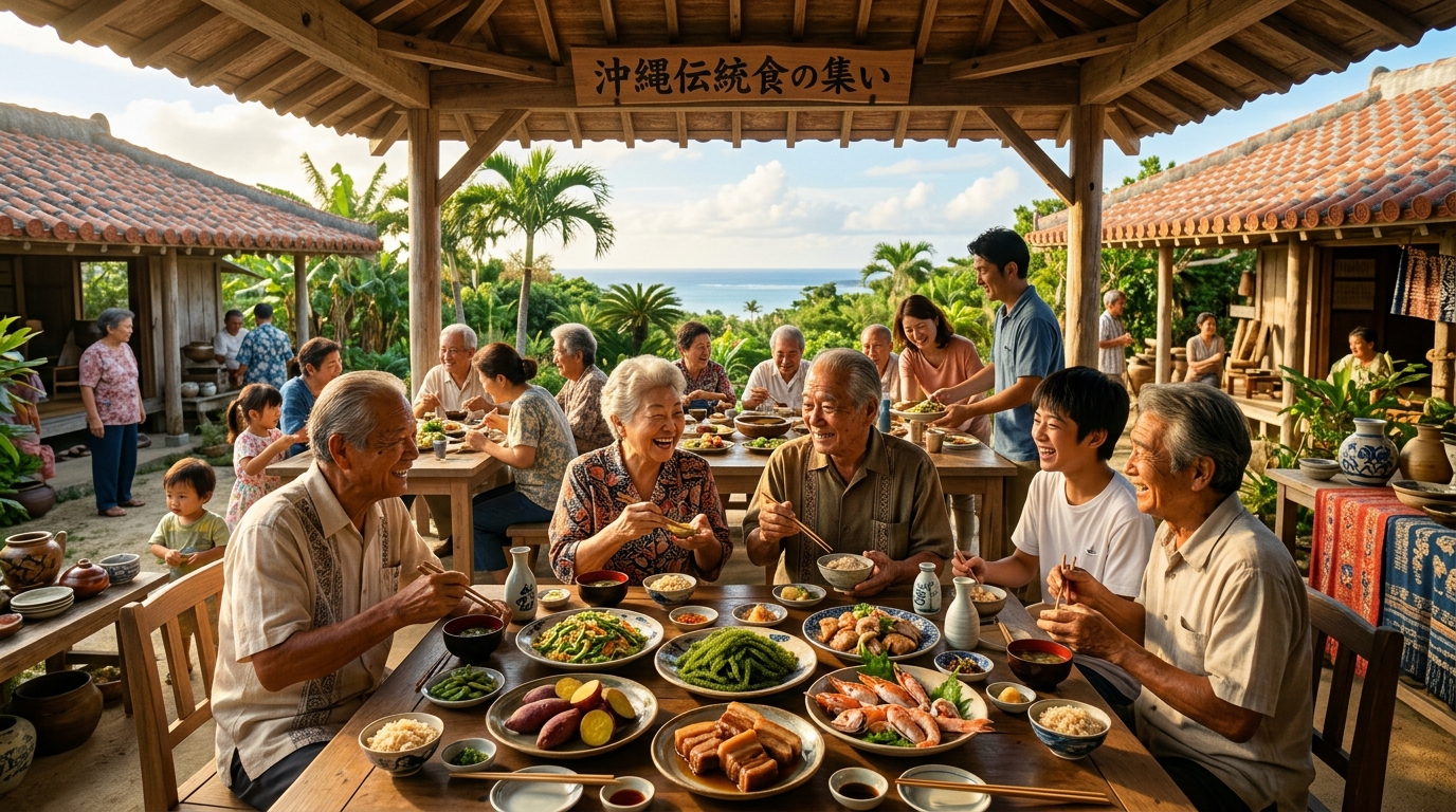 Okinawan elderly people enjoying traditional foods together