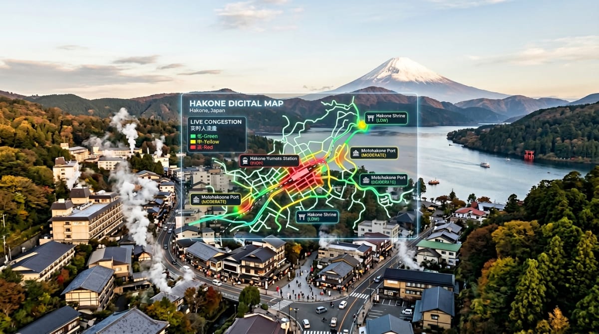 Hakone's hot spring district coexisting with a digital tourism map