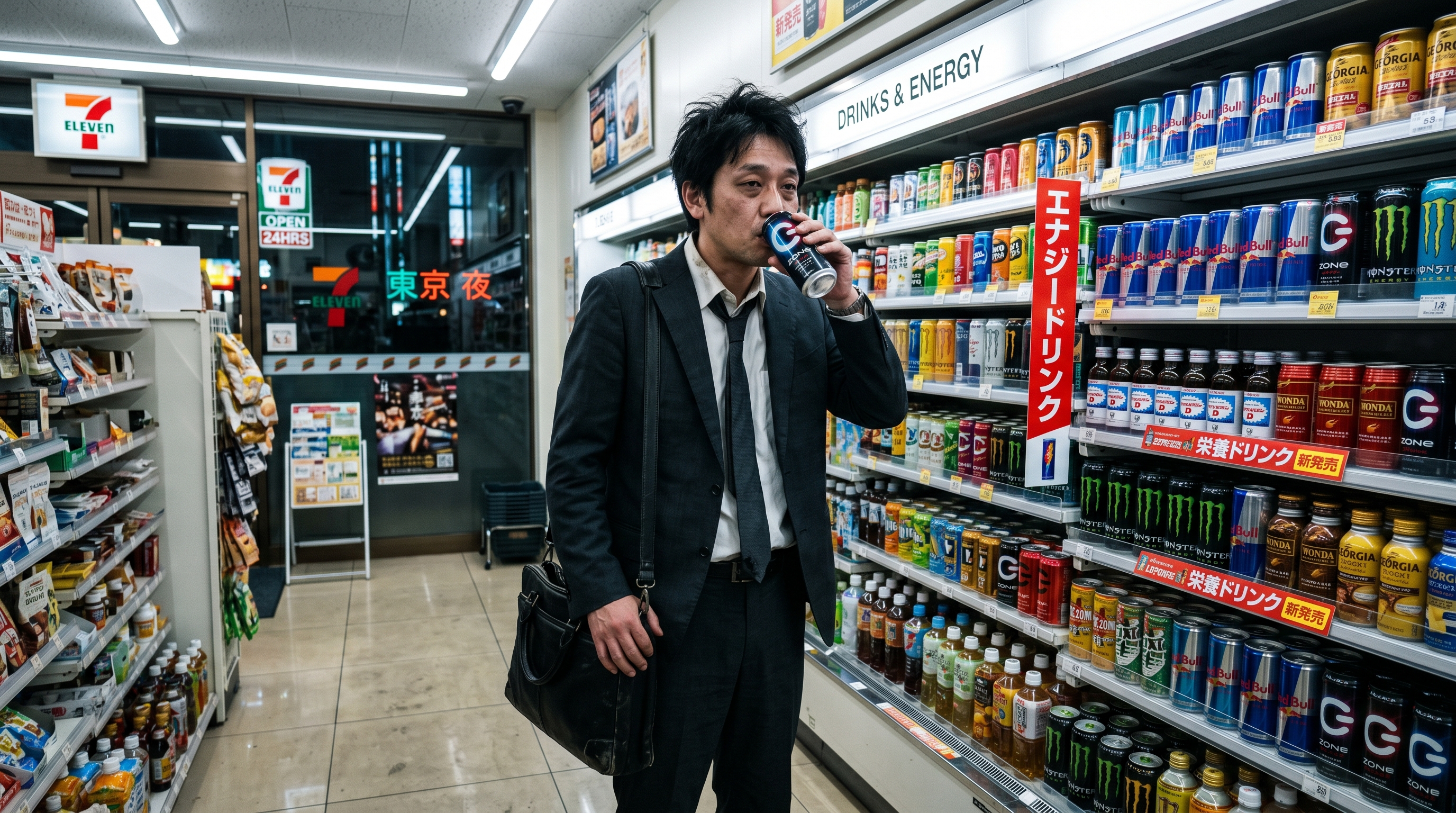 深夜3時のコンビニでエナジードリンクを飲むサラリーマン