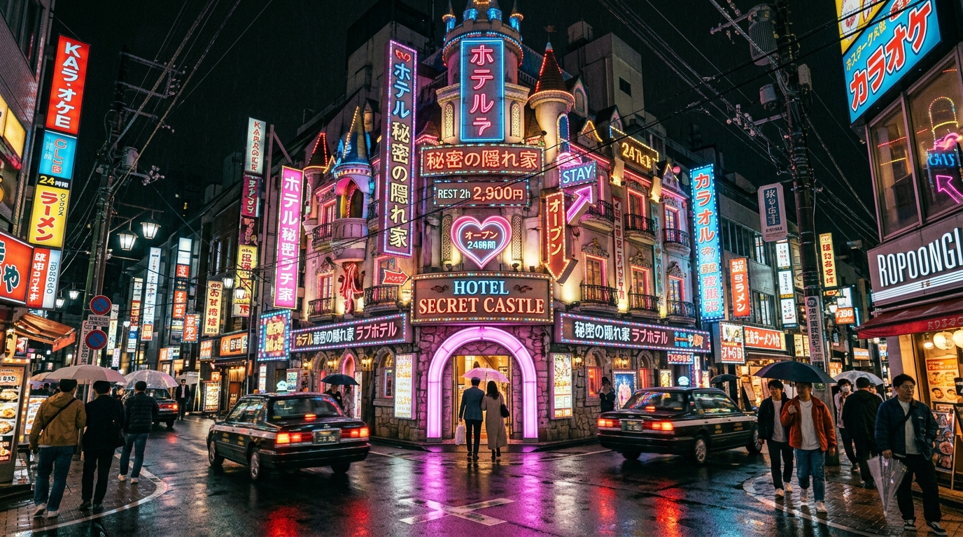 夜の東京六本木のユニークなラブホテル外観