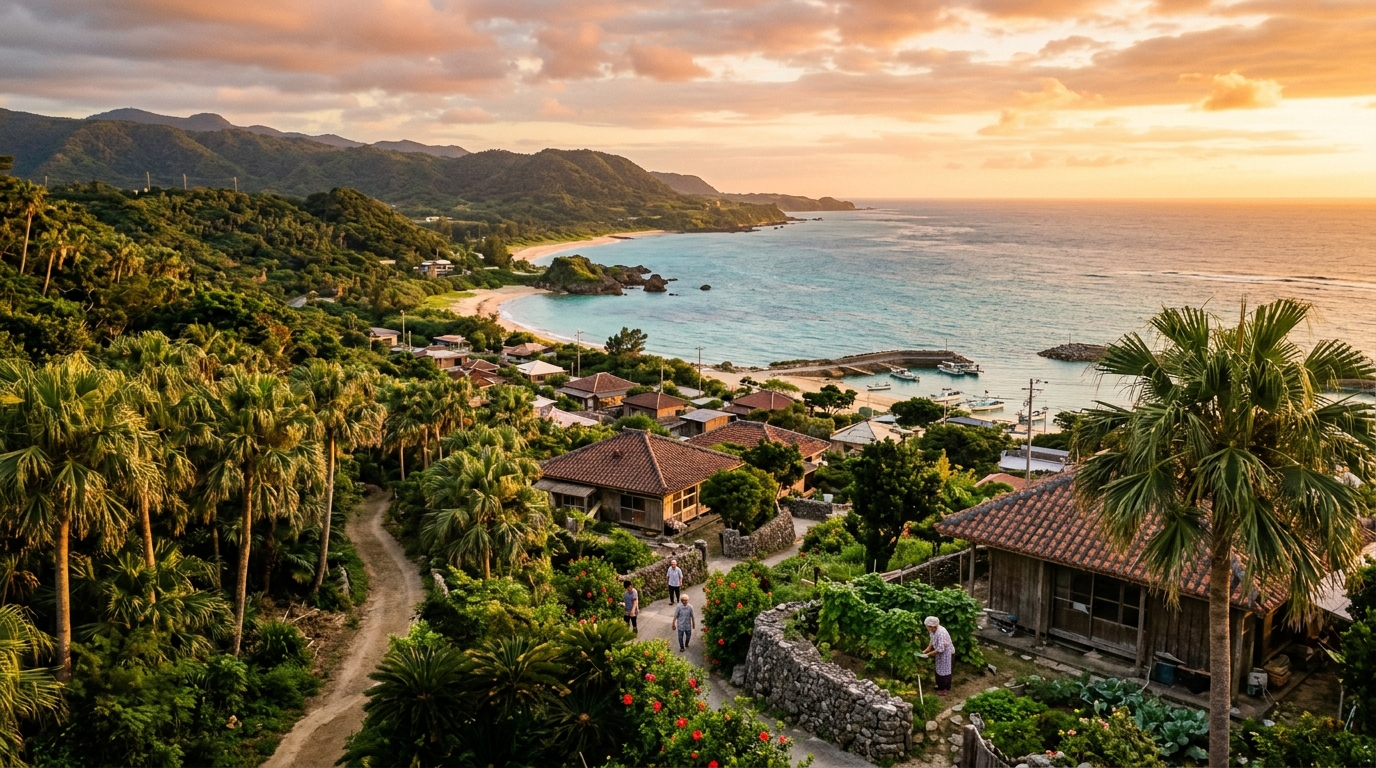 Beautiful Okinawan tropical landscape with palm trees