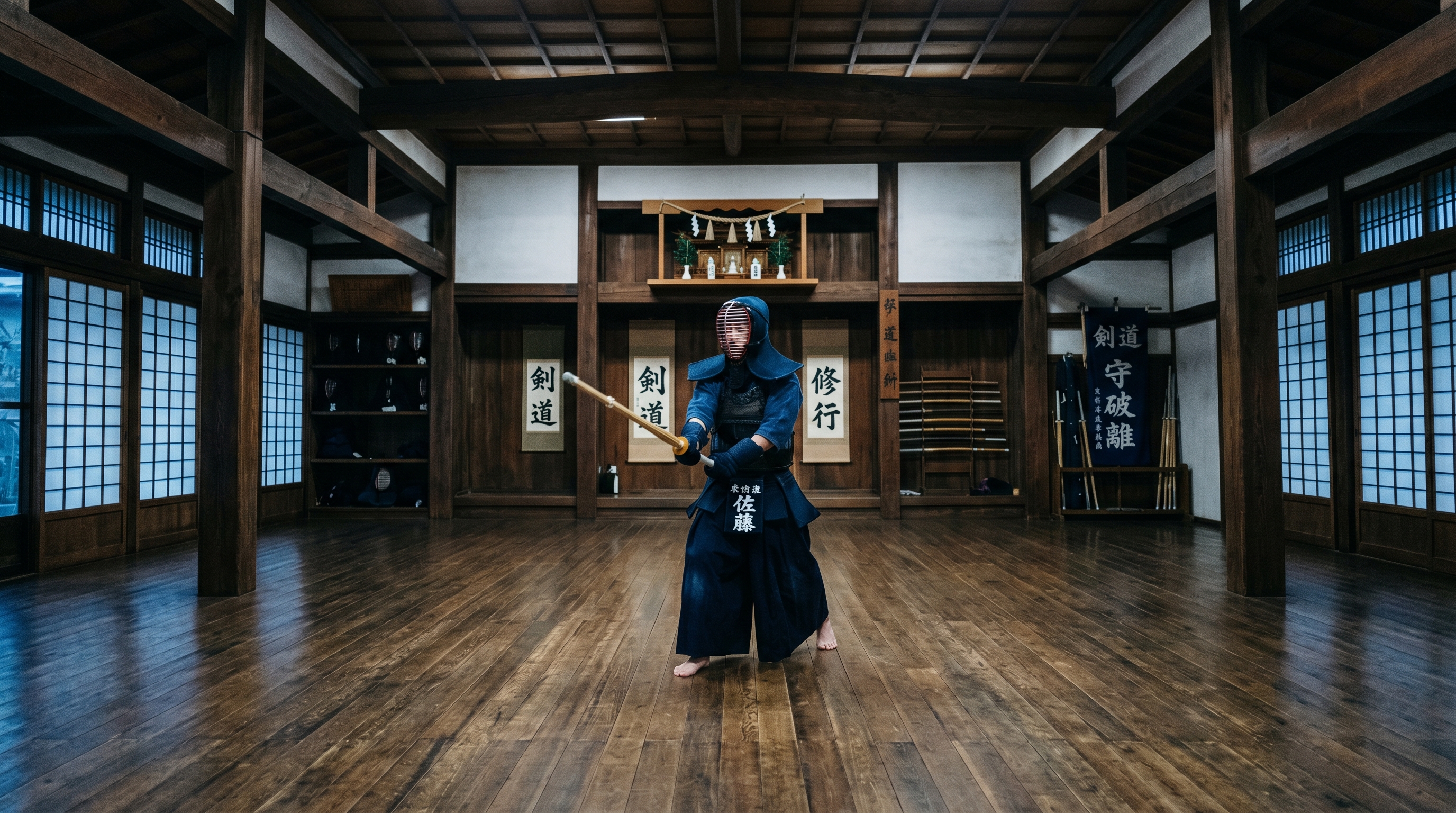 Young Japanese practicing kendo seriously in dojo at dawn