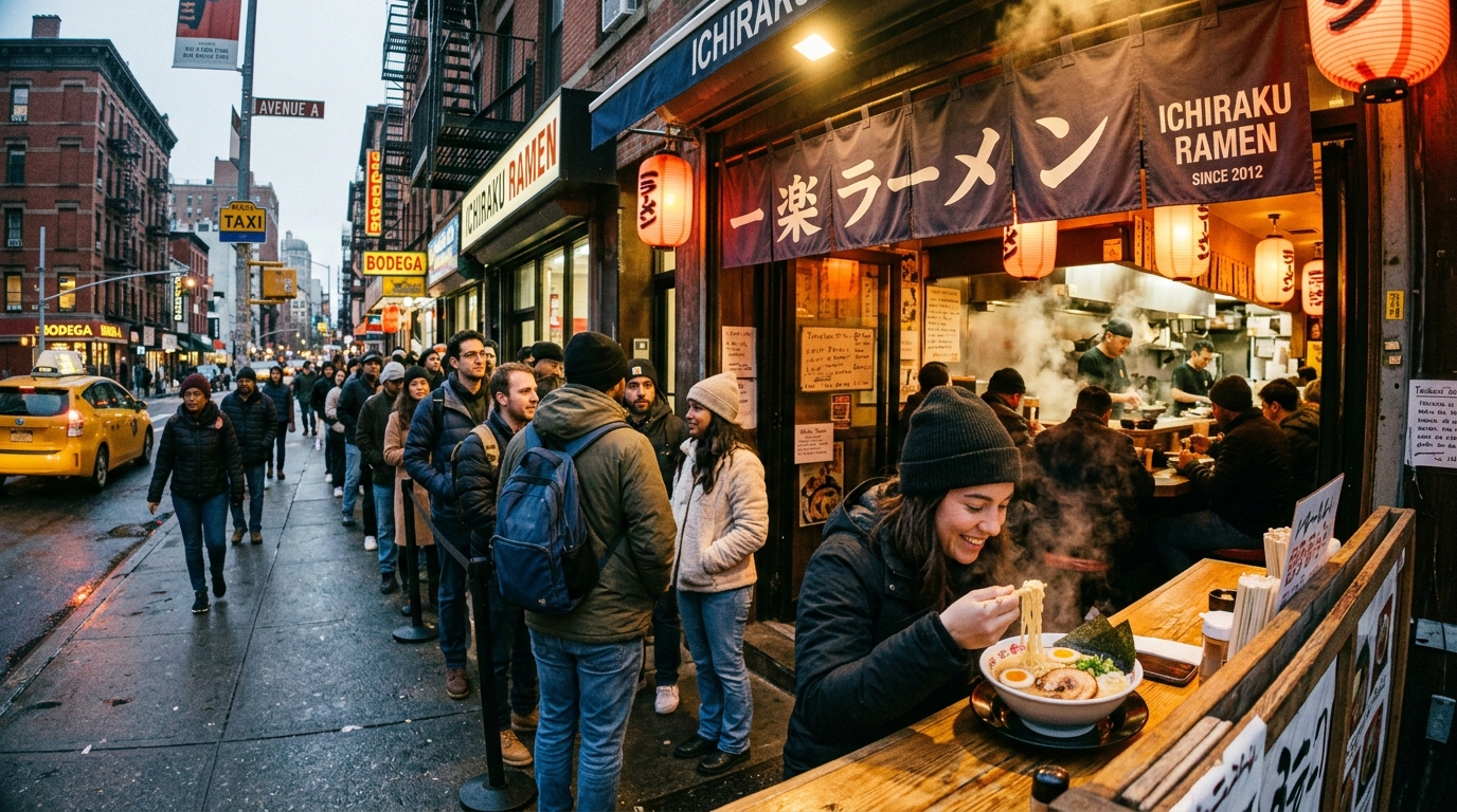 ニューヨークの日本ラーメン店に並ぶ外国人客