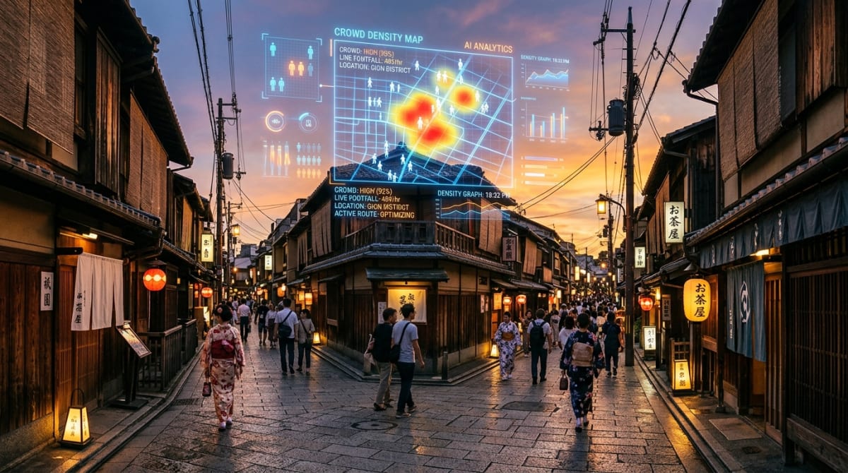 A futuristic blend of AI technology and traditional Japanese streetscapes