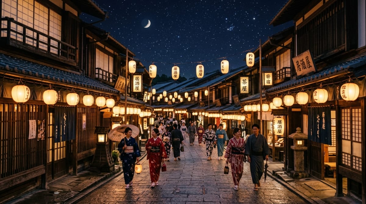 幻想的にライトアップされた夜の江戸の町並み