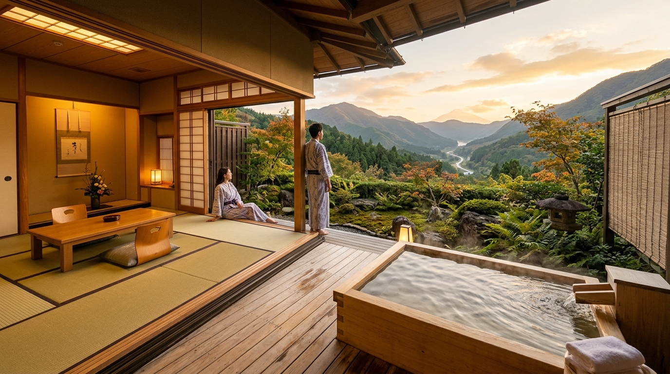 プライベート木製風呂のあるラグジュアリー日本旅館スイート