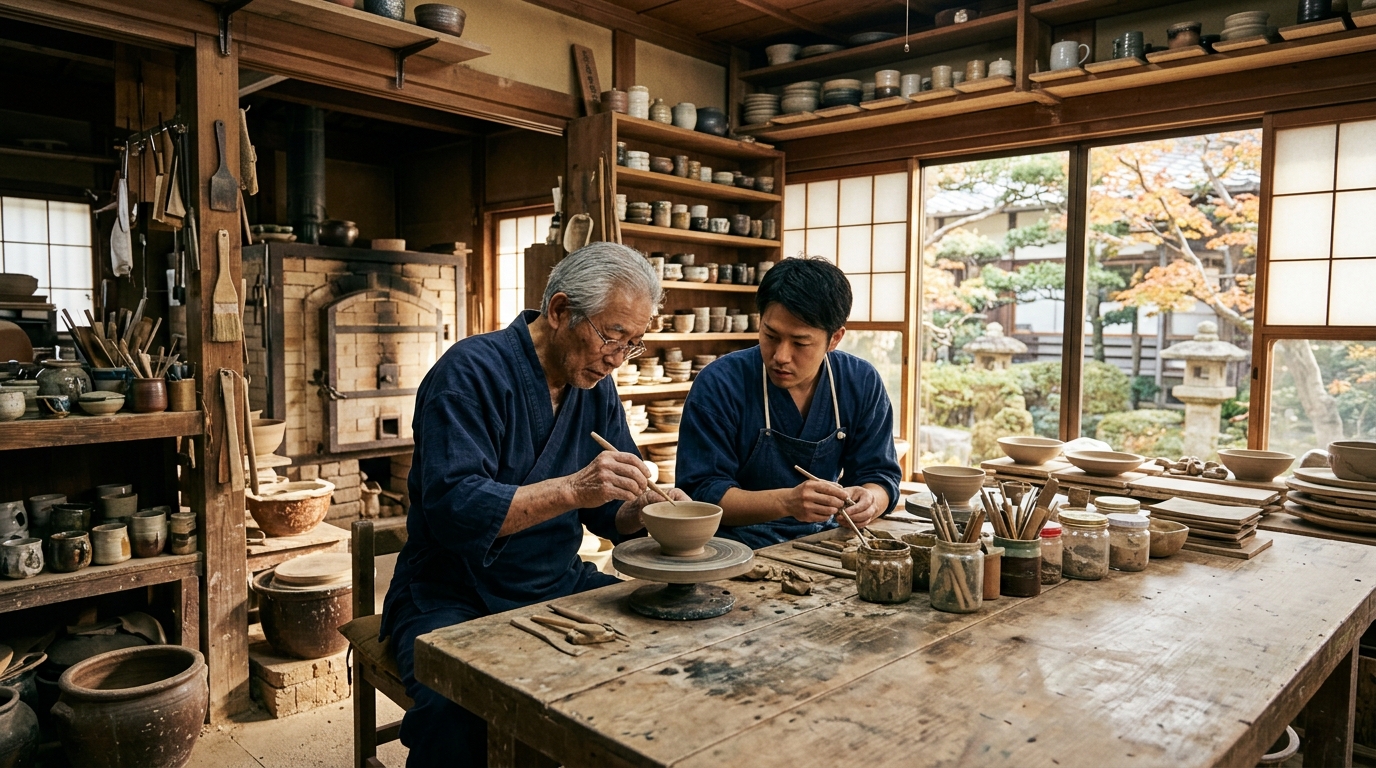 日本の老舗家業で世代交代する父と若い後継者